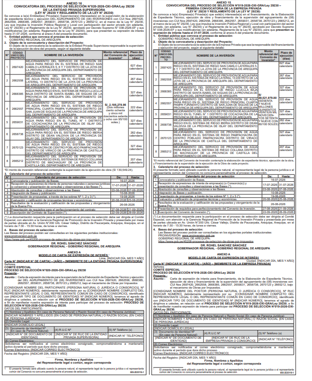 PROCESO DE SELECCIÓN Nº 20-2026-OXI-GRA/LEY 29230 Primera convocatoria - AGRUPAMIENTO DE RIEGO (08) INVERSIONES - SAN CAMILO
