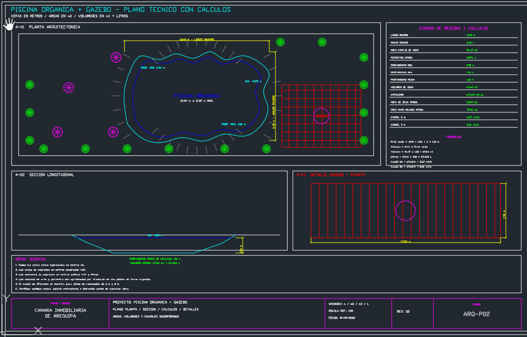 PLANO TÉCNICO DE PISCINA ORGÁNICA CON GAZEBO CÁMARA INMOBILIARIA DE AREQUIPA Diseño arquitectónico y técnico desarrollado en AutoCAD editable, con piscina orgánica, gazebo, deck, paisajismo y detalles constructivos integrados en una sola lámina. La propuesta incorpora planta arquitectónica, sección longitudinal, detalle de gazebo, cotas generales, niveles, profundidades, áreas, volúmenes y cálculos hidráulicos referenciales.