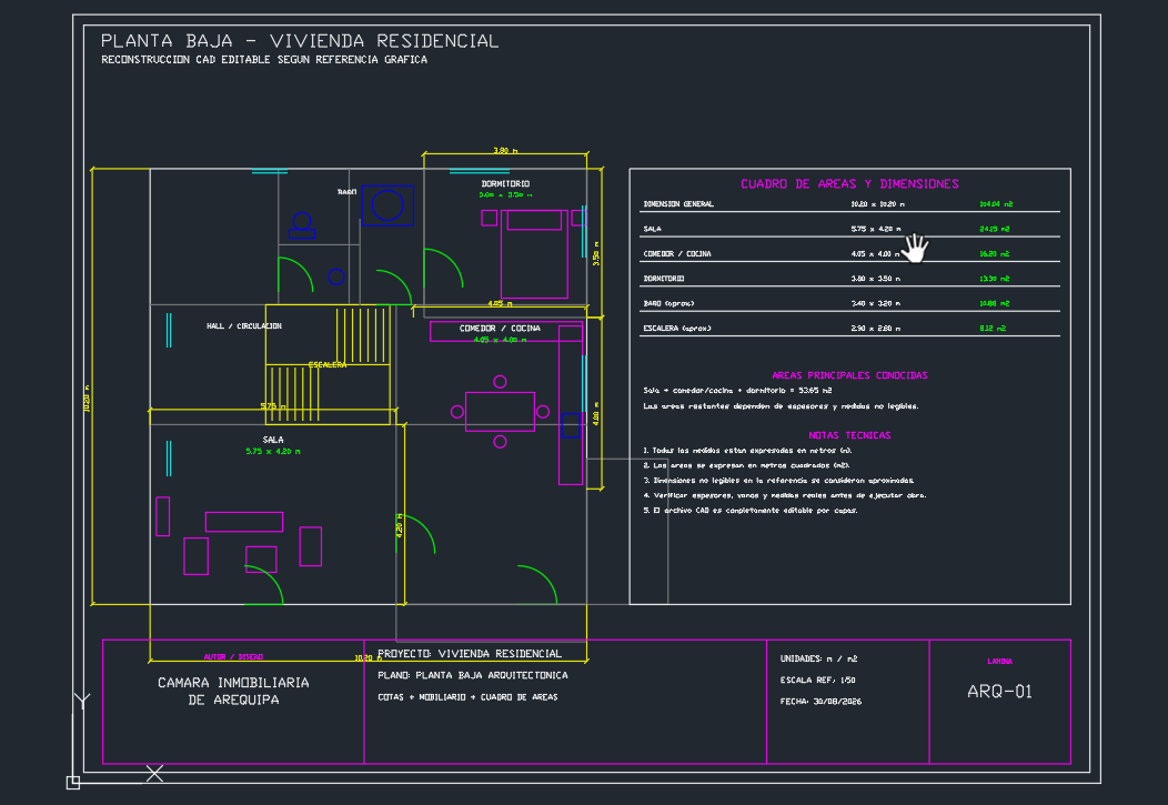 PLANO ARQUITECTÓNICO – VIVIENDA RESIDENCIAL AUTOR / DISEÑO: CÁMARA INMOBILIARIA DE AREQUIPA Diseño de vivienda residencial desarrollado en AutoCAD editable, con distribución funcional de ambientes, circulación central y aprovechamiento eficiente de los espacios interiores. La propuesta arquitectónica incorpora sala principal, comedor, cocina, dormitorio, baño completo, hall de circulación, escalera central, accesos, puertas, ventanas, mobiliario y áreas exteriores.